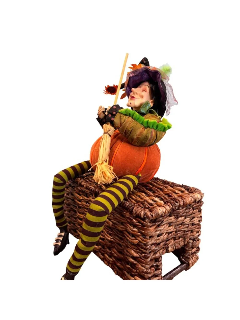 Rare find! Whimsical Halloween Pumpkin Witch Shelf Sitter Doll | Long Striped Le